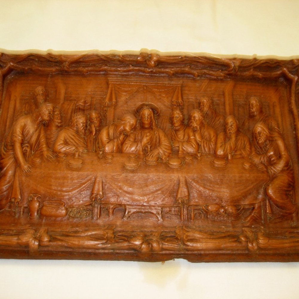 HEAVY WOOD CARVED LAST SUPPER PLAQUE 13"lX8"WX1.5"T